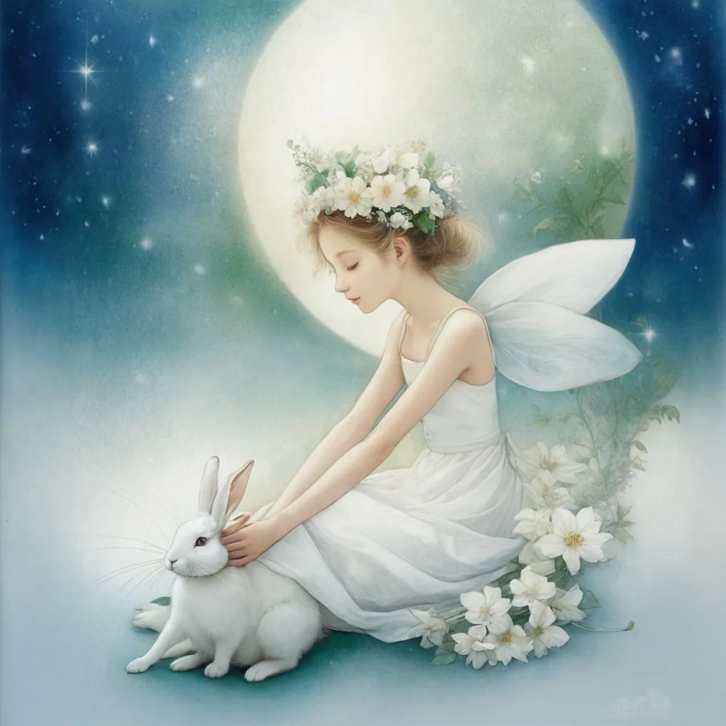 Prompt: a white rabbit sitting next to a flower, yen press, illuminated for rays of light, fantasy planet, aurora green, white snow, stewart cowley, without text, silhouette, in muted colors, serene emotion, from 2001, award winning, 8k, artstation hq, behance hd, a white rabbit sitting next to a flower, yen press, illuminated for rays of light, fantasy planet, aurora green, white snow, stewart cowley, without text, silhouette, in muted colors, serene emotion, from 2001, award winning, 8k, artstation hq, behance hd, #myportfolio