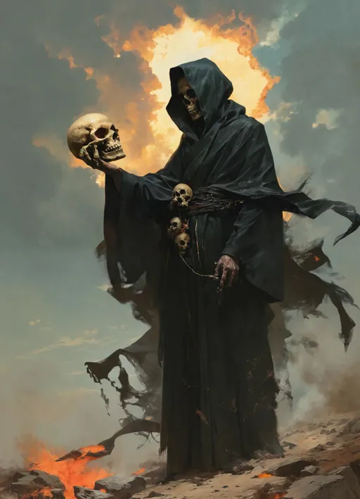 Prompt: a man in a black robe with a skull in his hand, poster art by Peter Mohrbacher, trending on Artstation, sots art, apocalypse art, wallpaper, hellish