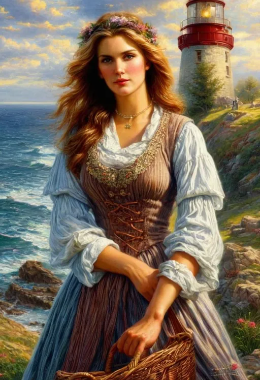 Prompt: the lighthouse keeper's gorgeous wife, by Thomas Kinkade, highly detailed, oil on canvas, smooth, sharp focus, taschen, #screenshotsaturday, #myportfolio, pixel perfect, contest winner