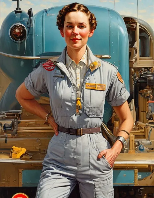 Prompt: a painting of a cute lady pilot, by Norman Rockwell, jumpsuit, 1940s aesthetic, highly detailed, oil on canvas, smooth, sharp focus, taschen, #screenshotsaturday, #myportfolio, pixel perfect, contest winner