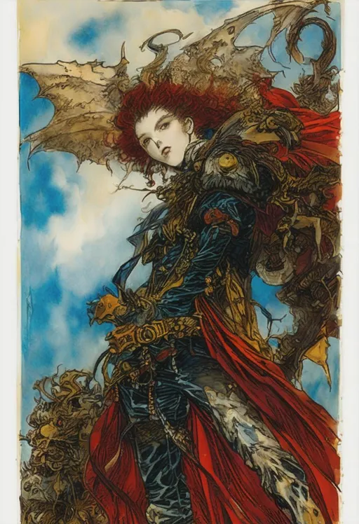 Prompt: a painting of a woman with a dragon on her shoulder, an ultrafine detailed painting, by Yoshitaka Amano, gothic art, female redhead templar, very very well detailed image, giraud, portrait of fin wildcloak