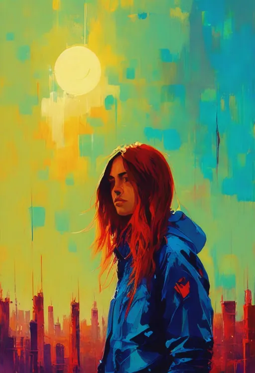 Prompt: a painting of a woman standing in front of a city, a digital painting, inspired by Liam Wong, digital art, long ginger hair, bussiere rutkowski andreas rocha, portrait of billie eilish, highly saturated colors