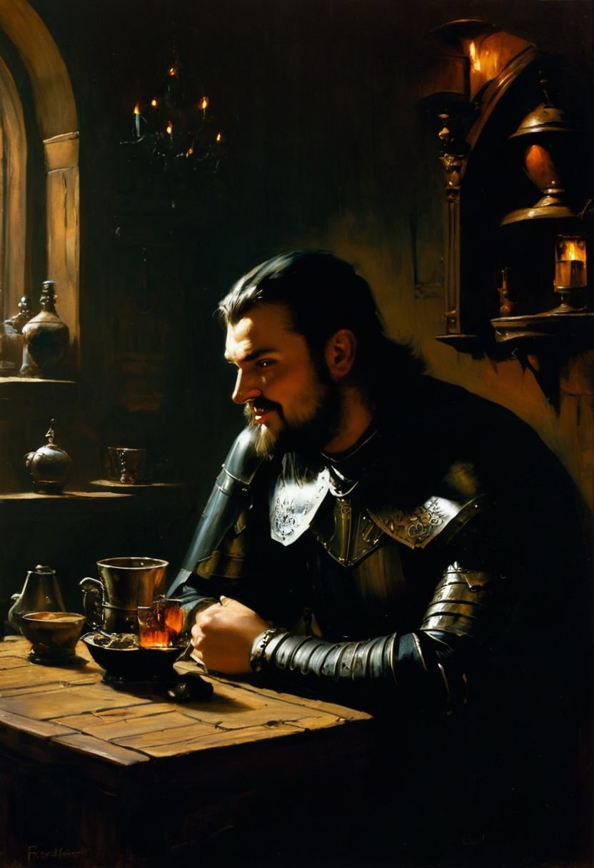 Prompt: dark fantasy knight sitting in tavern,  armoured clothing, drinking, eating, laughing ,the light is good in the middle of tavern, cosy fire, oil painting by Gerald Brom, by Frank Frazetta, TIFF