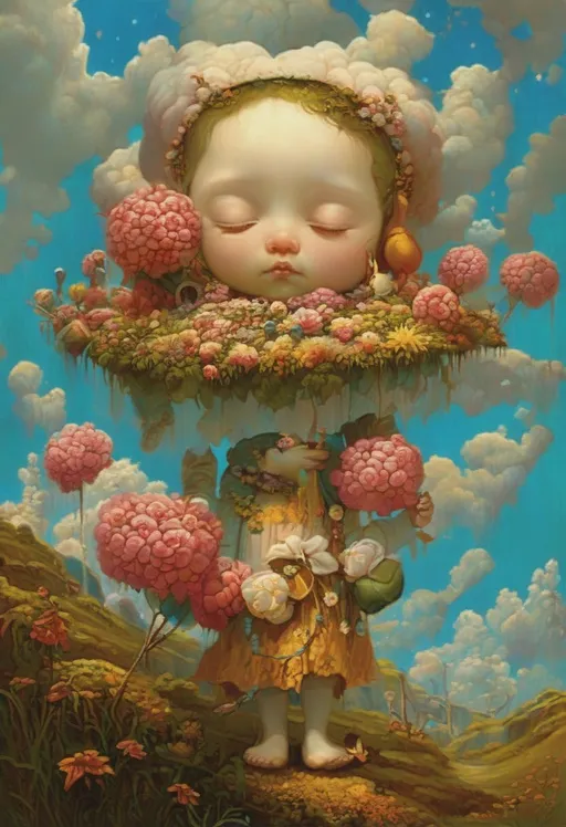 Prompt: a painting of a little girl with flowers on her head, a surrealist painting, inspired by Mark Ryden, cgsociety contest winner, greg beeple, floating lands in-clouds, lu ji, 2 0 2 0 award winning painting