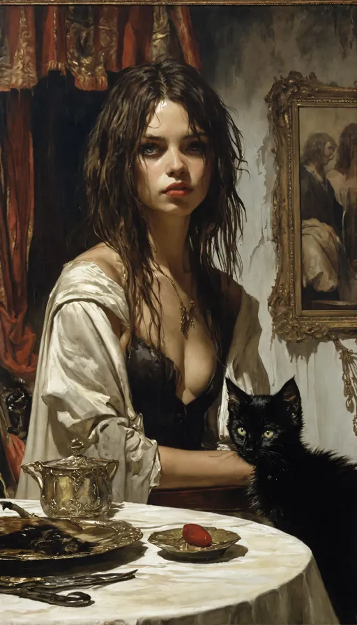 Prompt: portrait of a kitten, detail on scene, a close up of a woman with wet hair, handsome male vampire, robed, people running in fear, a painting of a woman sitting at a table, realistic cute girl painting, style of john blanche, taschen, TIFF