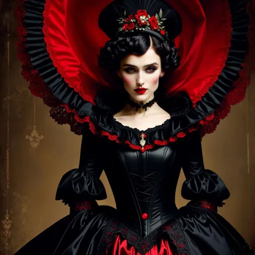 Prompt: a woman wearing a red and black jacket, a flemish Baroque by Luma Rouge, featured on pinterest, illustration, gothic art, gothic, goth, steampunk, highly detailed, highest quality, oil painting, taschen