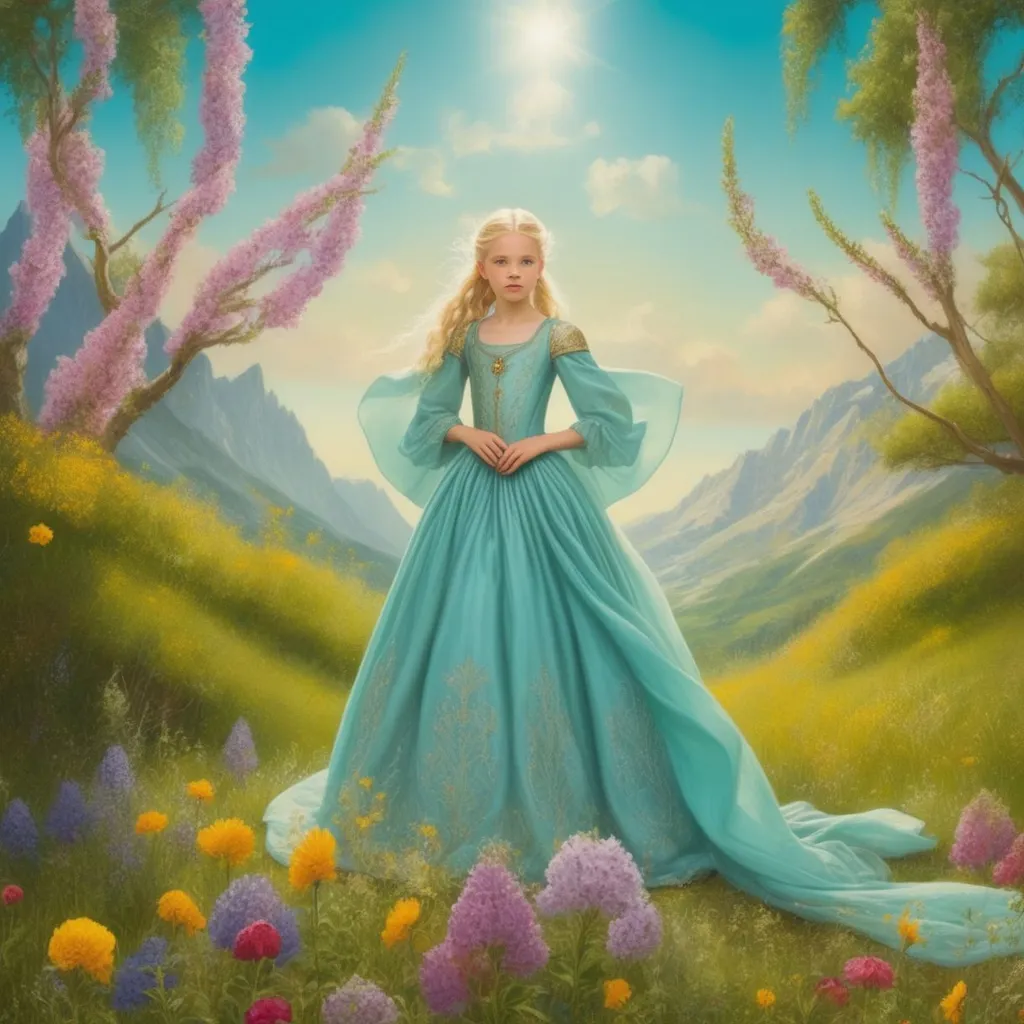 Prompt: medieval child princess teal dress by Victoria Frances, character portrait, elaborate, ornate, adventurer cape, (blonde hair, top pony tail:1.1), standing in a tall field of flowers, tree canopy overhead (alpine mountains:1.1), clear sky, (masterpiece:1.3) (cinematic lighting)