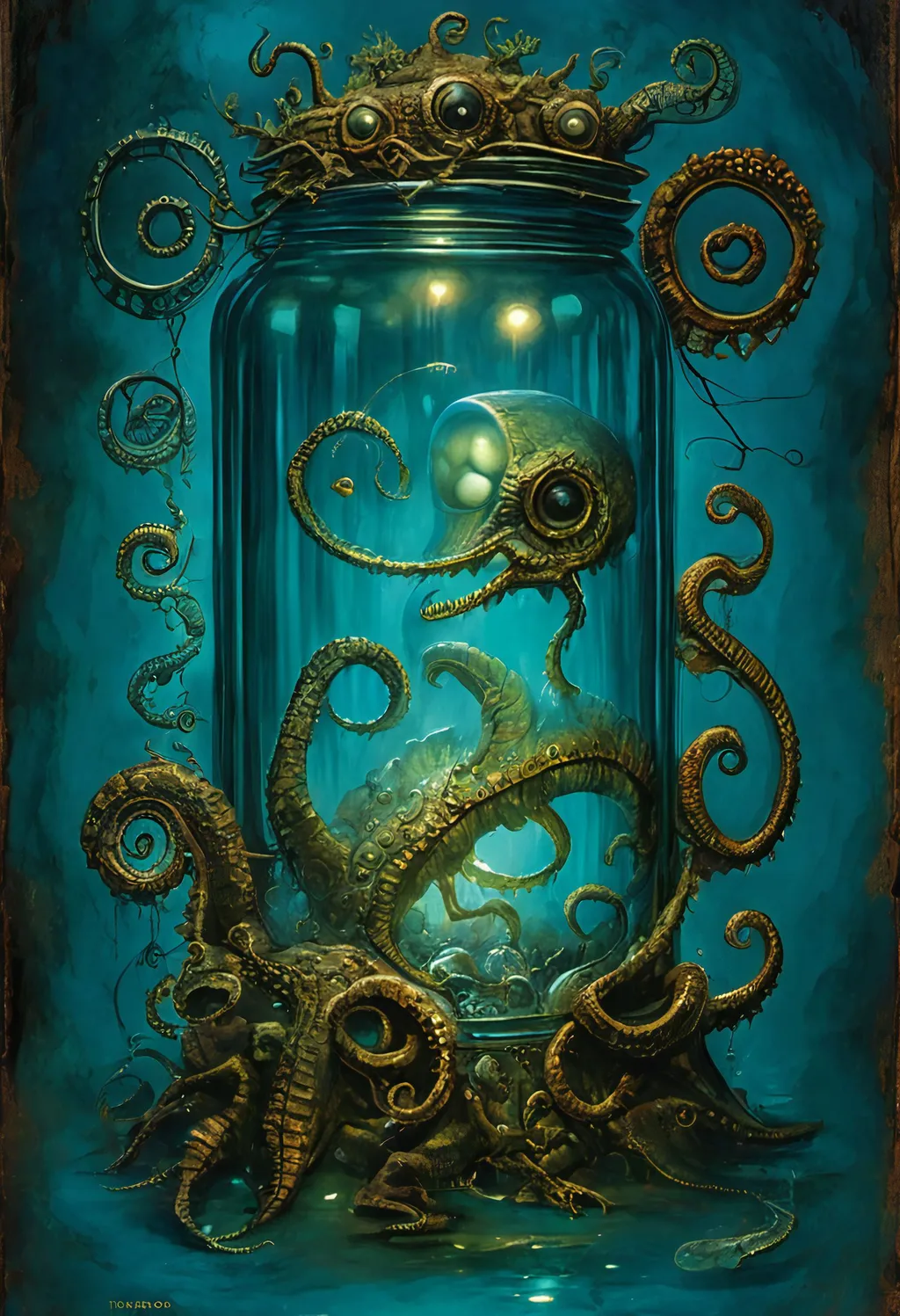 Prompt: small realistic lovecraftian horror monster by Guillermo del Toro trapped in a jar, ↑ ★★★★☆ ✦✦✦✦✦, taschen, TIFF