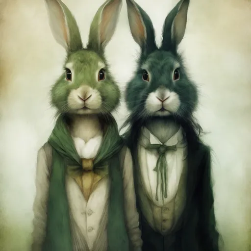 Prompt: a couple of rabbits standing next to each other, tom bagshaw style, in a verdant garden, comic cover, yoshitaka amano design, but a stern look about her, flower shaman, bun, solemn and moody, (anthropology of wonder), saga comic, her gaze is downcast, otherland