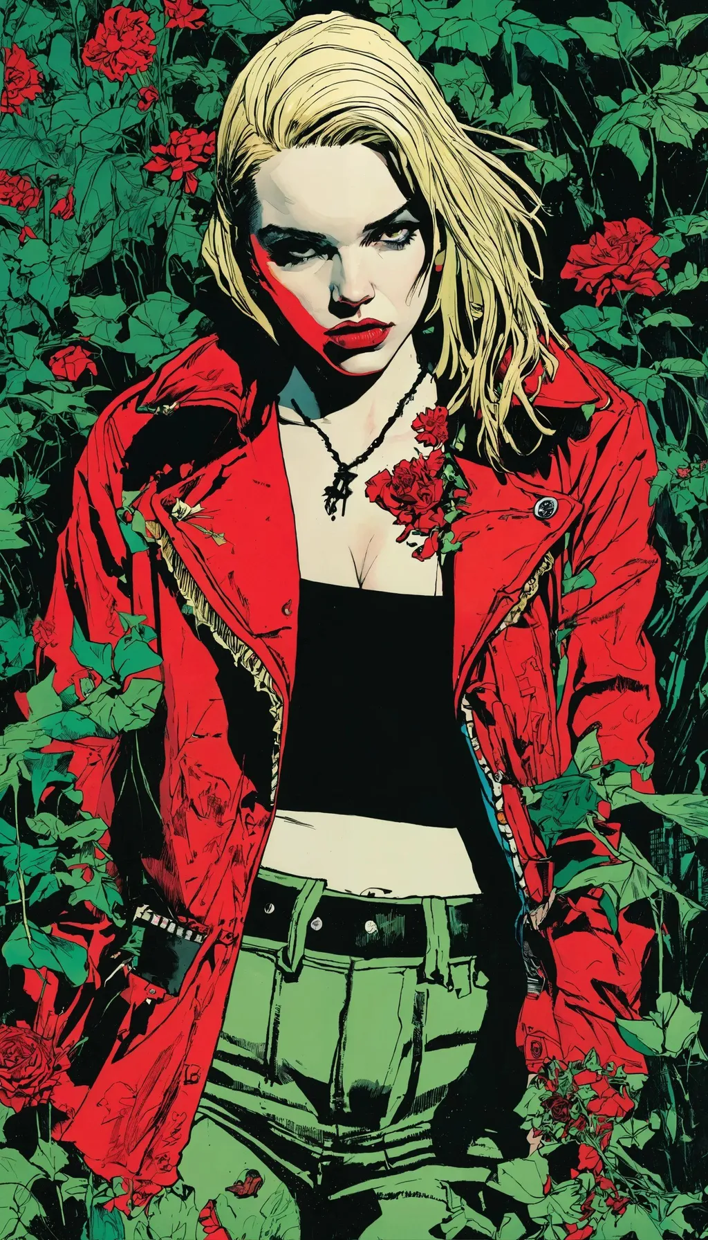 Prompt: artforum, art by Becky Cloonan and Butcher Billy and Frank Miller, killstar, woman, cosplay, character portrait a woman wearing a red and black jacket, blonde - haired princess, a book cover for dark legend by marilyn ross, wearing a green dress and floral growth