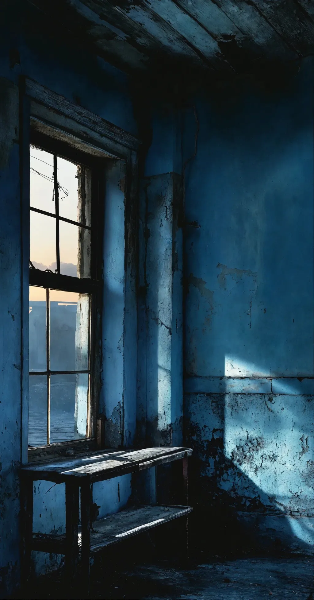 Prompt: lynchian, photorealistic, is at dawn and bluish, old times photography