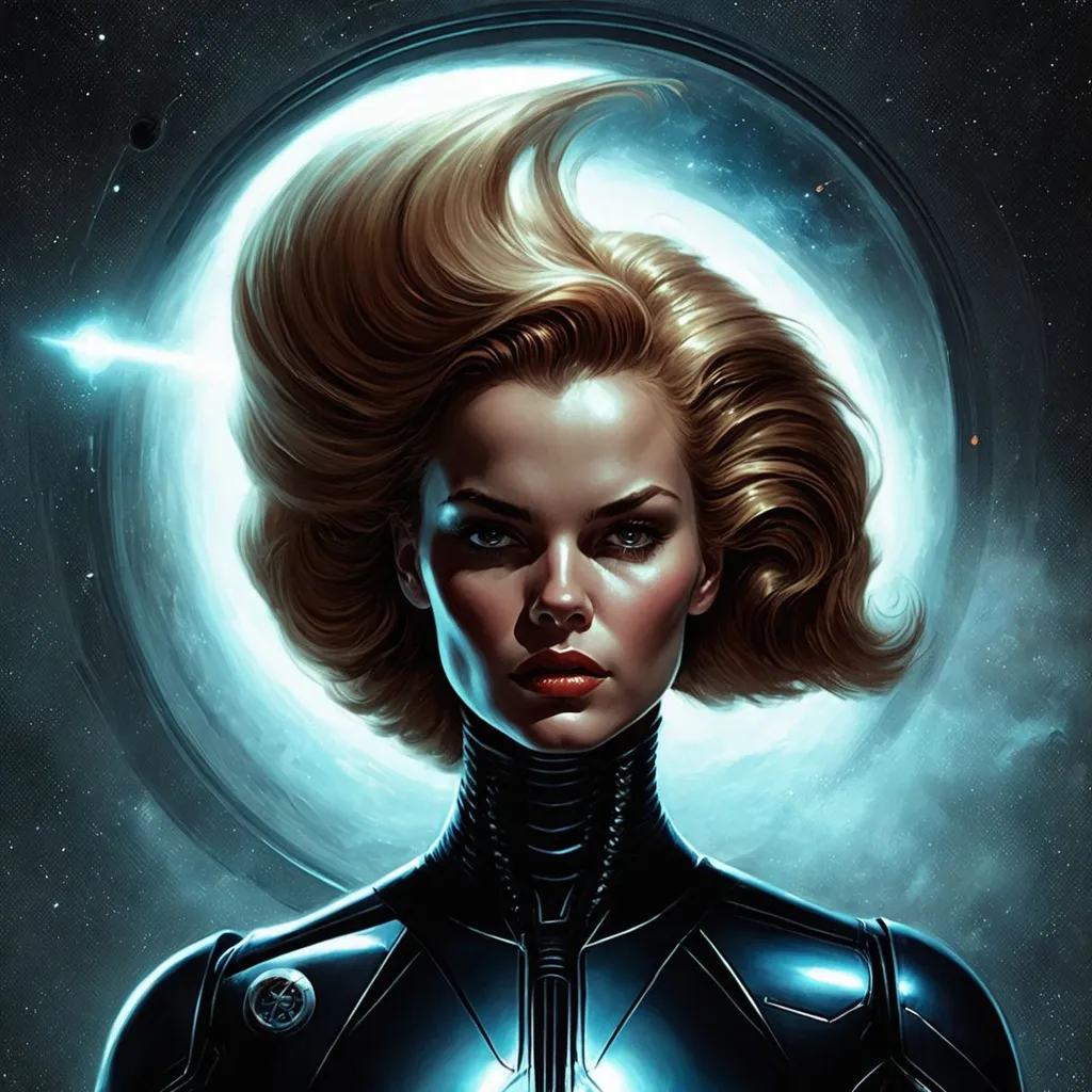 Prompt: serious female starship captain, glorious interstellar mission, pulp sci-fi aesthetic, taschen, TIFF