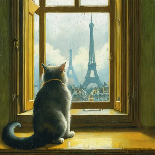 Prompt: a cat sitting on a window sill looking at the eiffel tower, a photorealistic painting, distant rain, thomas kincade, van allsburg, a beautiful artwork illustration