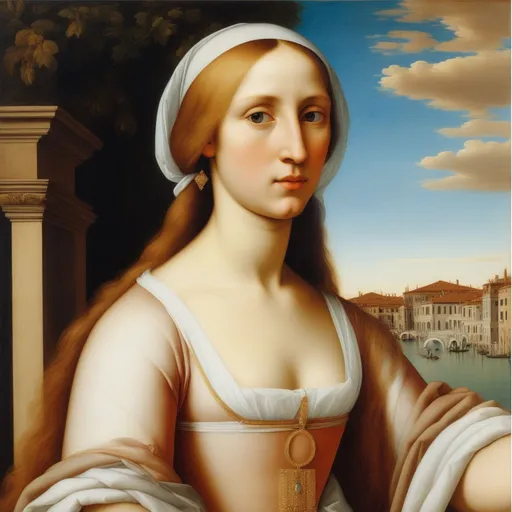Prompt: a picture of a vain young venetian woman adorned with jewellery by Giovanni Bellini, high detail, Venice scenery, oil on canvas, perfect symmetrical body shape, thin aged 2 5, haughty expression, nymphaea, high forehead, intricate clothing, sensuous, vivid, centered, 1 petapixel square image