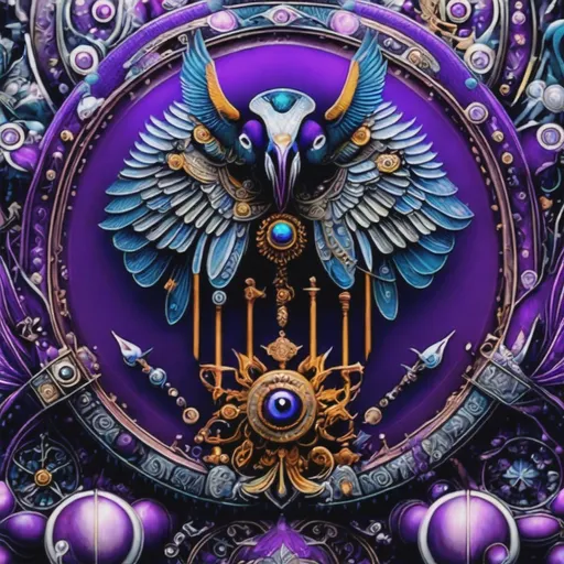 Prompt: a close up of a clock with a bird on it, by Tomek Setowski, behance contest winner, psychedelic art, made of liquid purple metal, imperial symbol, highly detailed digital artwork, warhammer emperium style