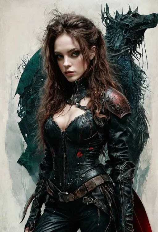 Prompt: psytrance, Portrait of red queen, hardcore techno, stranding straight, promotional render, Young woman in her 20s, she wears a leather jacket and knee high boots, Medieval female warrior, green eyes, dark forbidden forest, A steampunk iron dragon with wings and beautiful neon light, taschen, TIFF