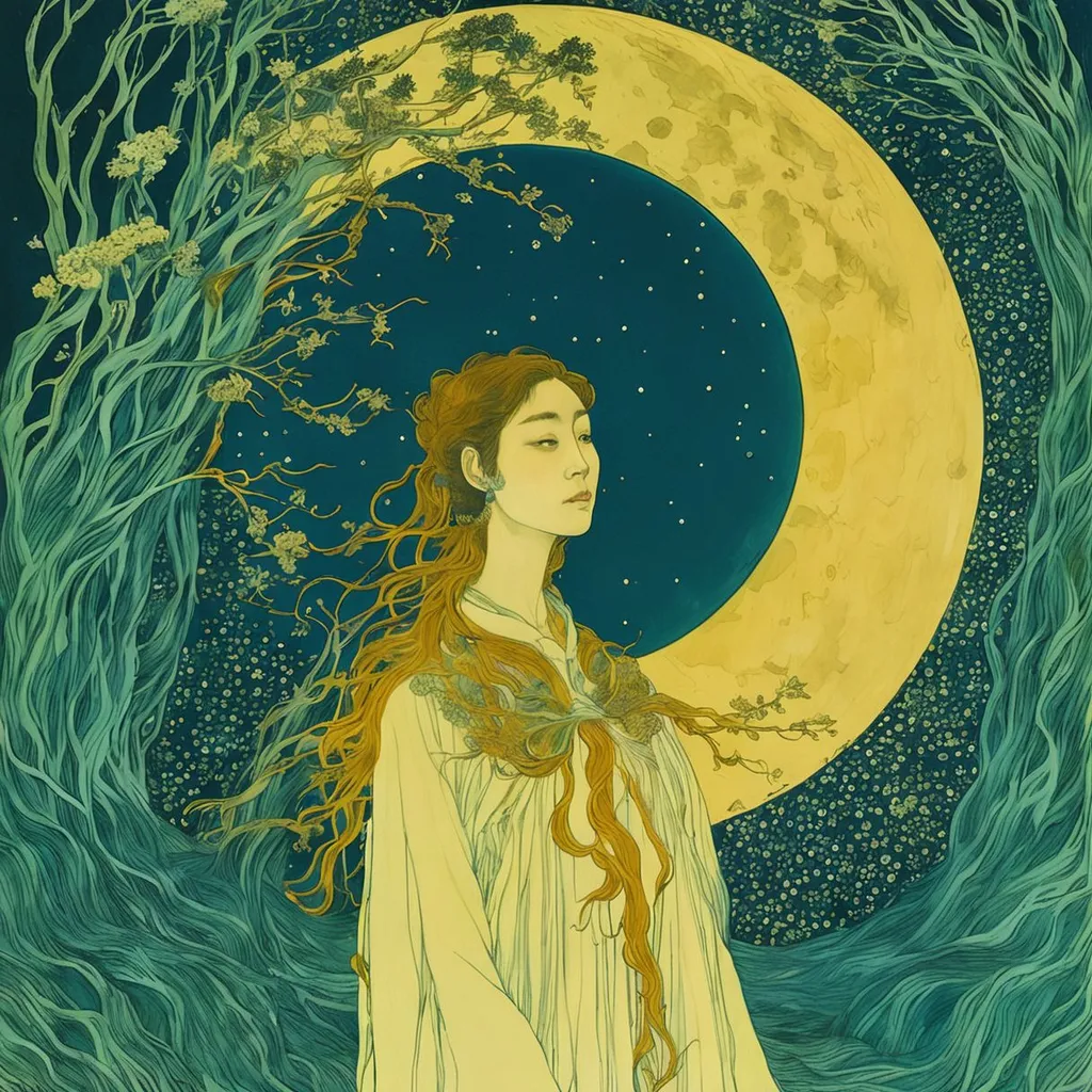 Prompt: a woman standing in front of a full moon, by Rebecca Guay, jaeyeon nam, higher detailed illustration, poster illustration, in a style combining botticelli
