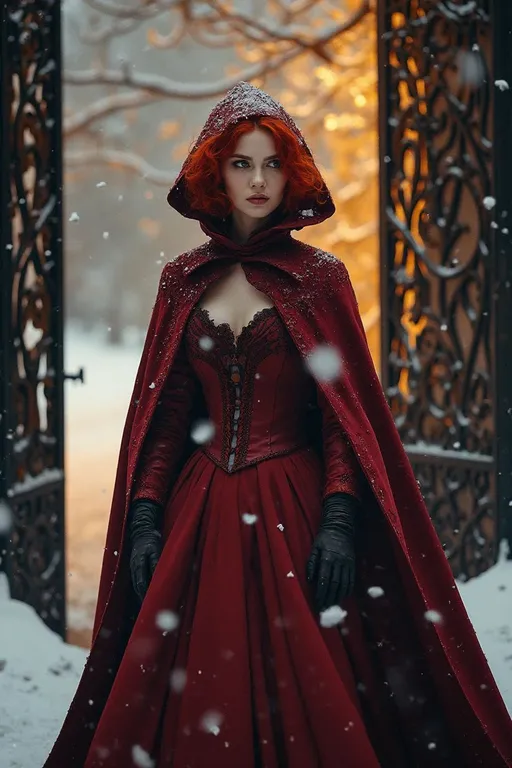 Prompt: A dramatic scene of a woman in a flowing red Victorian-style cloak and gown, standing before ornate iron gates during a snowy winter. Her bright red hair peeks from beneath her hood as she looks intently into the distance. Snowflakes swirl around her, adding a sense of urgency and mystery to the elegant, wintry backdrop