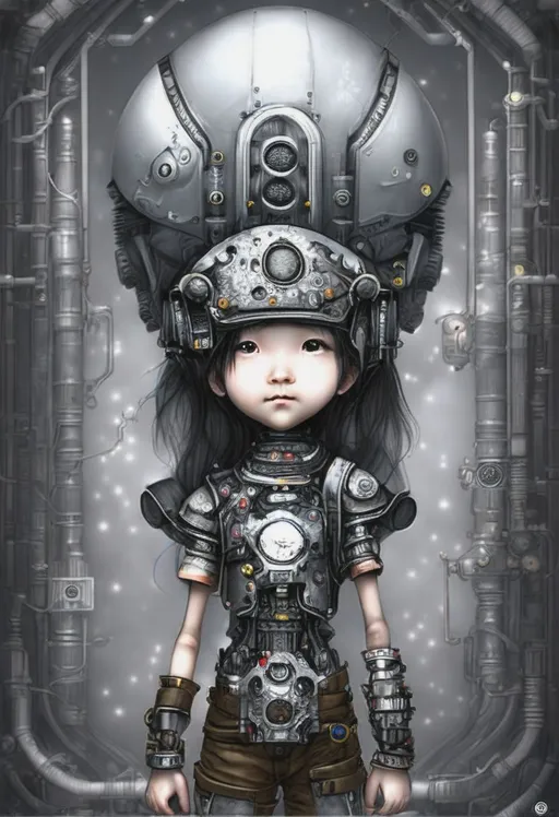 Prompt: a woman standing in front of a machine, hyperdetailed fantasy character, kid, gray anthropomorphic, best quality, cd cover artwork, ghostpunk, inspired by Makuzu Kōzan, by Dong Qichang, screws and bolts, little girl, submechanophobia