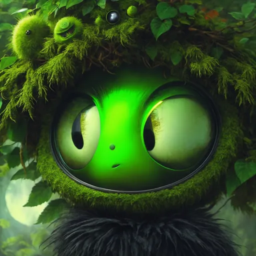 Prompt: alien plant, cute, big eyes, mossy fur, round head, green forest background, green color palette, close up, in the style of pixar, artwork by Dr Seuss and Edward Gorey, TIFF