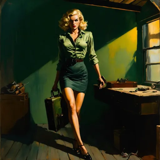 Prompt: a painting of a woman, old retro pulp noir comic cover, muted green, in an attic, cinematic pinterest style, stilettos, matte painting, kicking, infp girl, holding a briefcase, queer woman, blonde woman, james daly, helluva boss, holster, noir