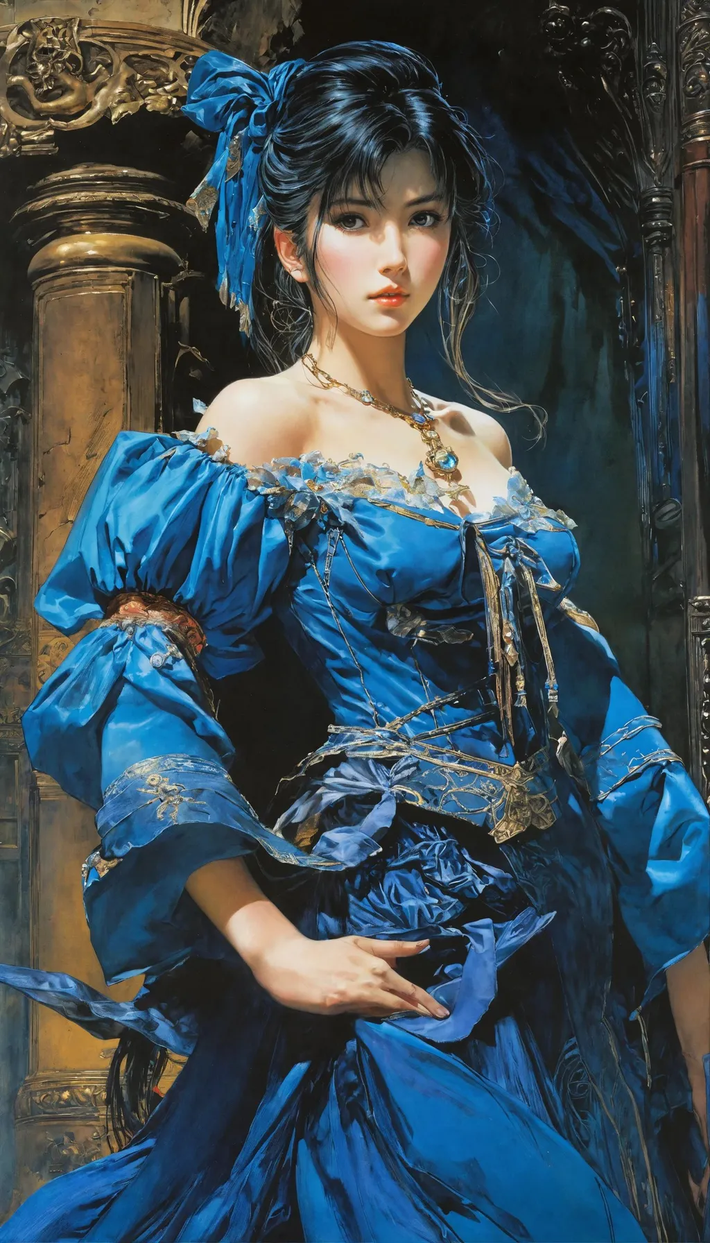 Prompt: epic mage girl character, noriyoshi ohrai masterpiece, victorian blue dress, taschen, TIFF