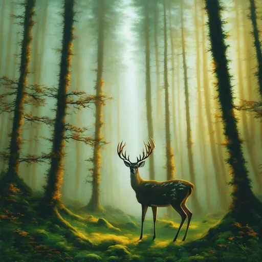Prompt: a painting of a deer standing in a forest, an airbrush painting, renaissance, sunbeams. digital illustration, a beautiful artwork illustration, irish forest, fantasy book illustration
