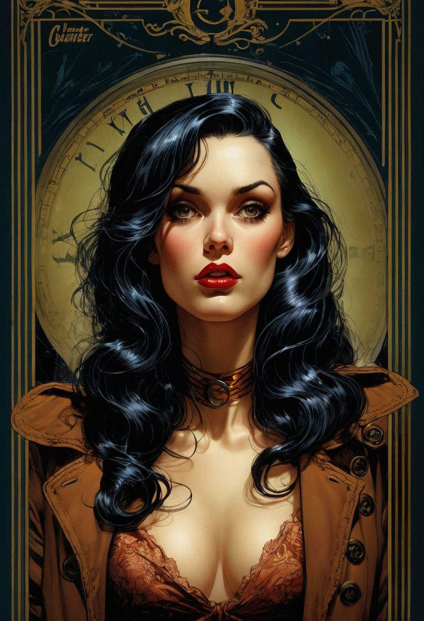 Prompt: 1940s femme fatale, dark hair, dramatic, alluring eyes, by Francesco Francavilla and Frank Miller and Becky Cloonan and Mike Allred and Mike Mignola and Neal Adams, and Bernie Wrightson and Richard Corben, ↑ ★★★★☆ ✦✦✦✦✦