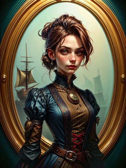 Prompt: highest quality, ship captain victorian era dutchess, painting by wlop, by greg rutkowski, portrait, hair over one eye, spyglass, victorian fantasy aesthetic, ultra sharp, highly detailed, trending on artforum