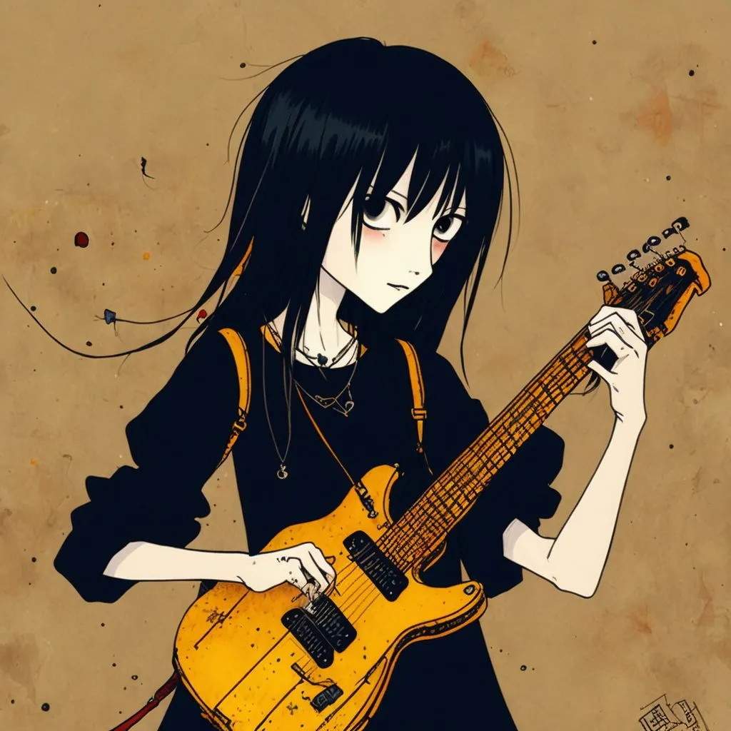 Prompt: goth girl playing fender guitar, art by Mattias Adolfsson