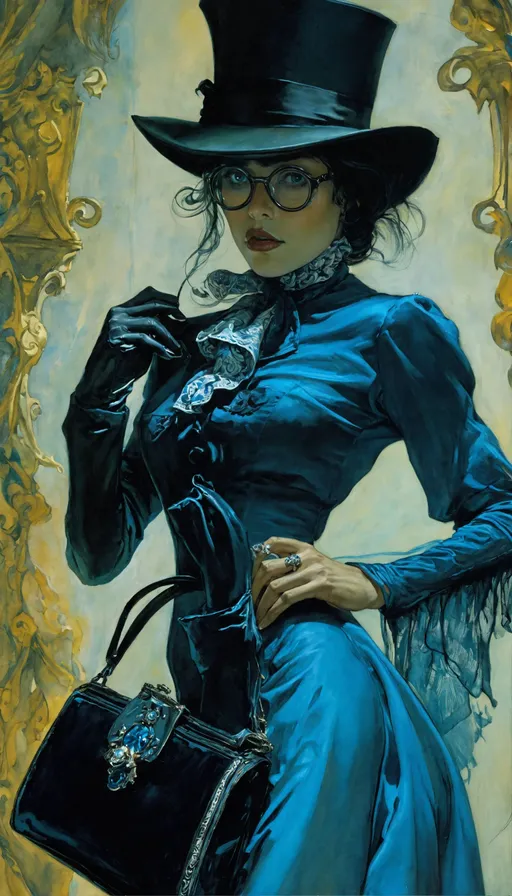 Prompt: crepax, sumatraism, a woman wearing a top hat and holding a purse, style of donato giancola, by Todd Lockwood, victorian blue dress, epic mage girl character, wearing black rimmed glasses, taschen, TIFF