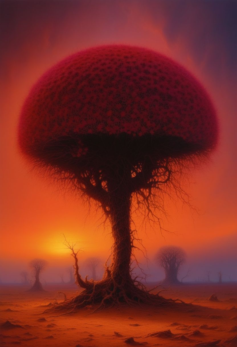 Prompt: flowers growing out of a tree, by Jim Burns, on a desolate plain, neon pillars, inspired by Franciszek Żmurko, greg rutkowski and moebius, cacti, post-nuclear, by Huang Ding, progressive rock album cover, deep chasm, dead flowers, by György Vastagh