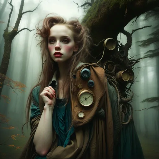 Prompt: American Realism, Classical Realism, dark surrealism, masterpiece, dreamlike world, essence of mystery, woman emerging from foggy forest, strange objects, excessive torn clothes, broken looms, inner side of life, wild elements, magic, witchcraft, fantasy, dreamy, centered, by Tim Burton, professional, taschen