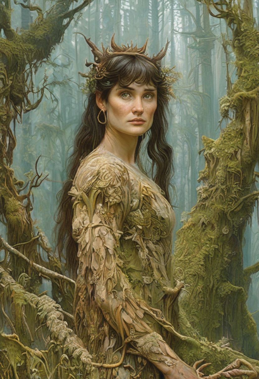 Prompt: a painting of a woman in a forest, an ultrafine detailed painting, by Todd Lockwood, Artstation contest winner, wearing a dress made of vines, medium close-up shot, jon mcnaughton, by tom bagshaw