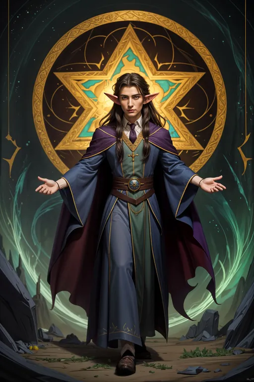 Prompt: Hyperrealistic Full body shot of a male Lawful Good Elf Wizard. Professional, perfect composition, unreal engine 8k octane, 3d lighting, UHD, HDR, 8K, render, HD, trending on artstation. Masterpiece, high-quality. Comfortable flowing robes, spellcaster, nimble and agile, elvish gothic. Dark brown hair, beautiful earl grey eyes, pointed ears. Wearing long, flowing royal robes made of silk-like materials with high-necked collars. 