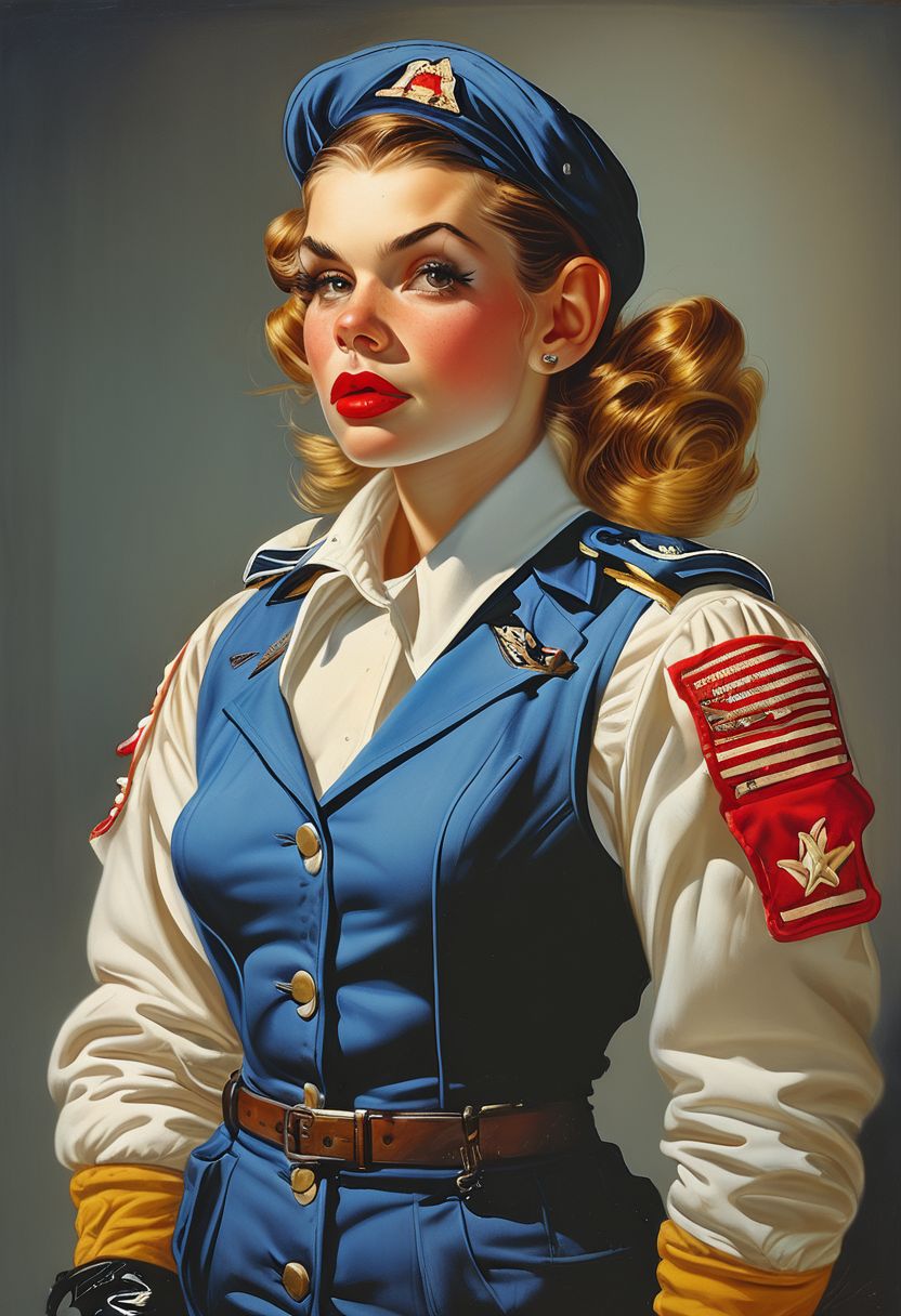 Prompt: World war 2 female air force captain, pilot cap, mini skirt, gloves, symetric face, by Brian Bolland and Gil Elvgren, dreamlike, HQ