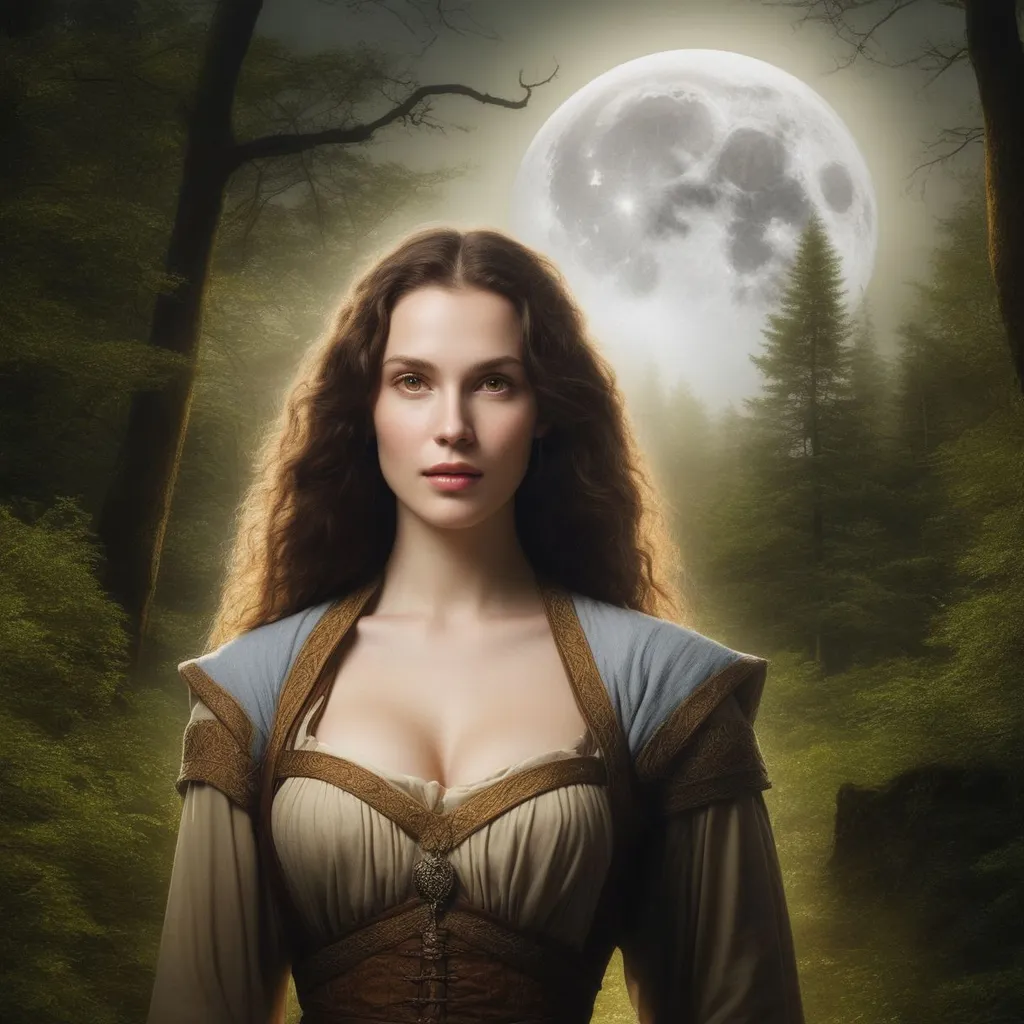 Prompt: a picture of a ((Medieval)) white-skinned brunette with glowing brown eyes in a dark forest against the background of the moon, (medieval clothing), high detail, square image, centered, 32k huhd