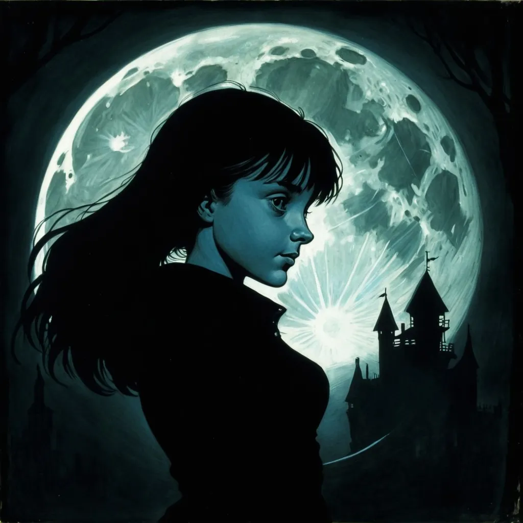 Prompt: a woodcut, inspired by Al Williamson, realistic cute girl painting, by Bernie Wrightson, cover story, great level of detail, in front of a full moon, by Charles Addams