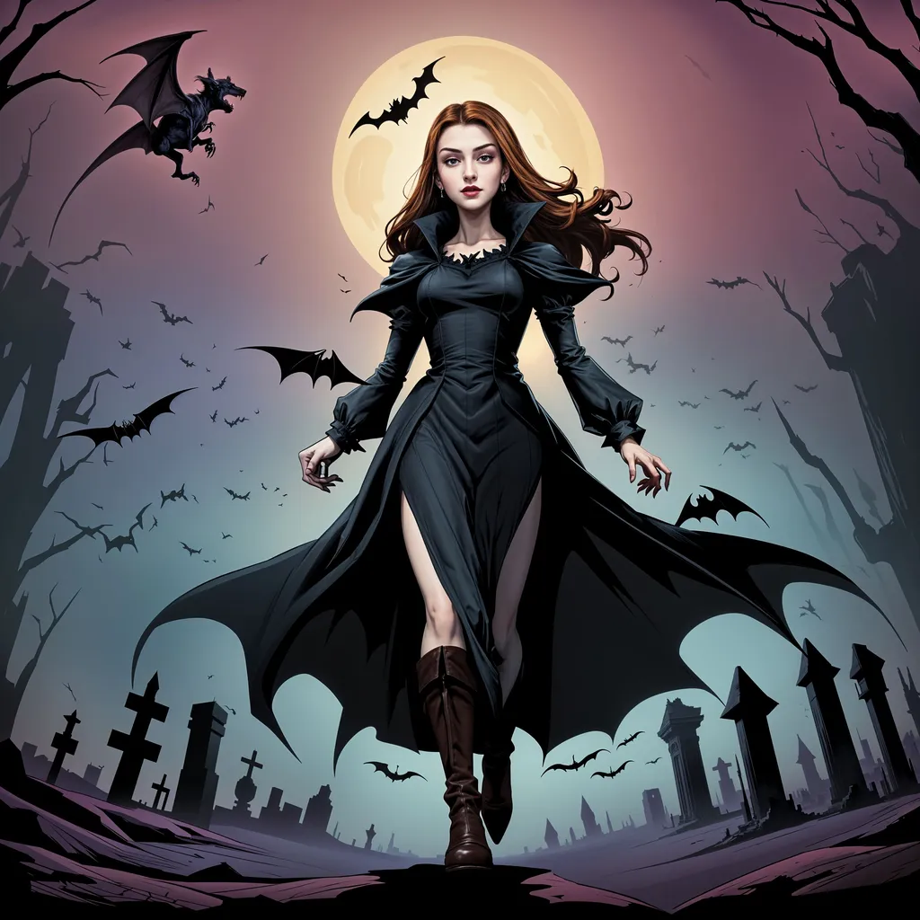 Prompt: p4n3lz, zrpgstyle, by Claire Hummel, by Mary C. Davidson, by John Waterhouse, style of James Gurney, a painting of a woman in a dress, beautiful scary female vampire, the dark tower, Sansa, bats flying over tombstones, walking into a deep dark forest, fantasy, vril, batwings