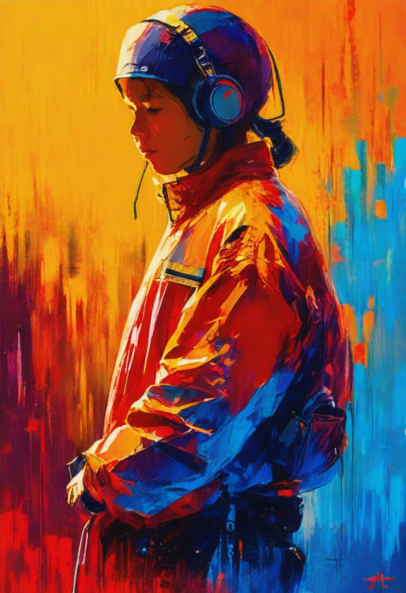 Prompt: a painting of a person wearing a helmet, vector art, inspired by Liam Wong, trending on Artstation, neo-fauvism, andreas rocha style, female marty mcfly, with headphones, detailed 4 k oil painting