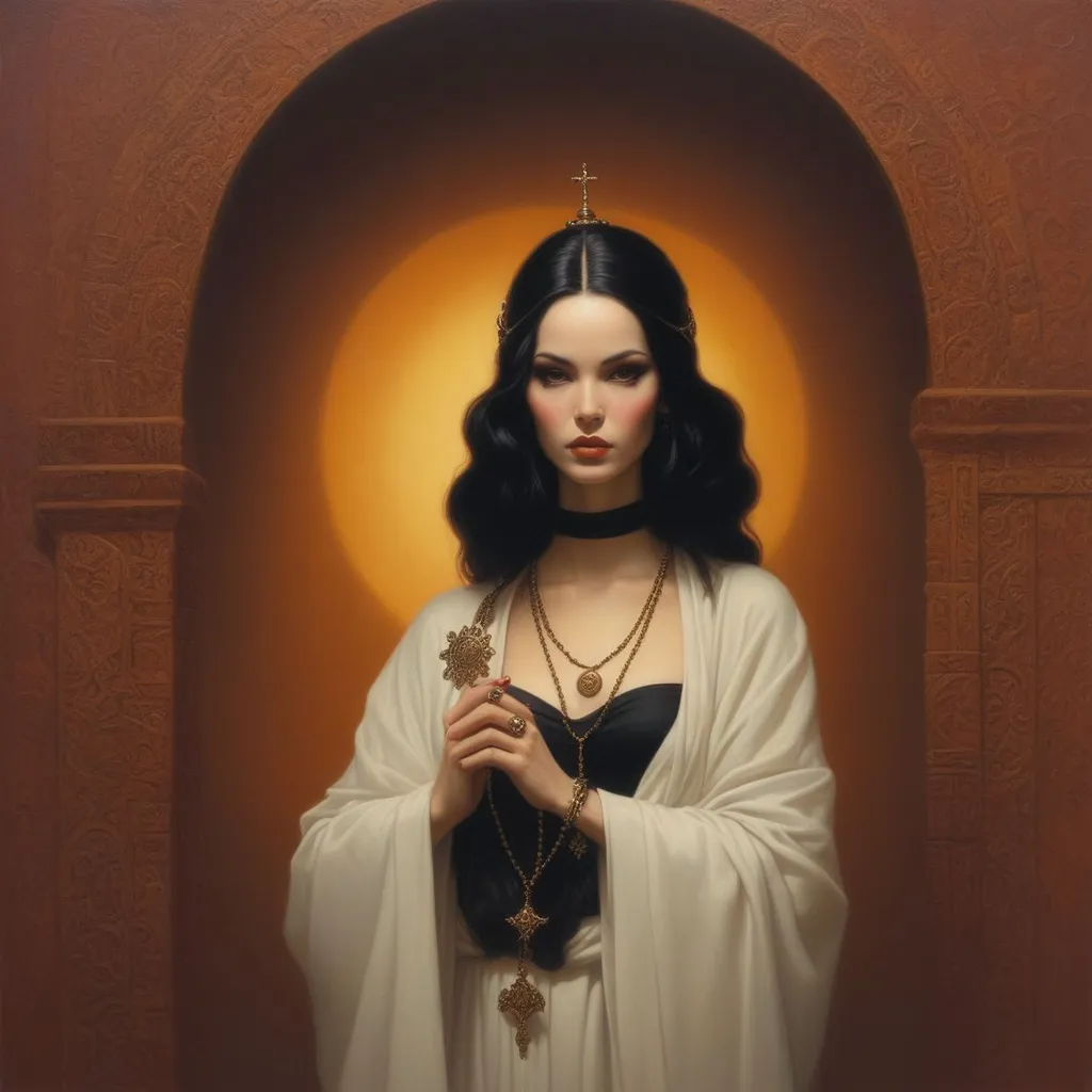 Prompt: a picture of a woman holding a rosary by Gerald Brom, by tom bagshaw and boris vallejo, moroccan queens ny, buddhist monastery on mars, beautiful elf with ornate robes, female with long black hair, moebius aesthetic, bruce timm and vladimir kush, holy light