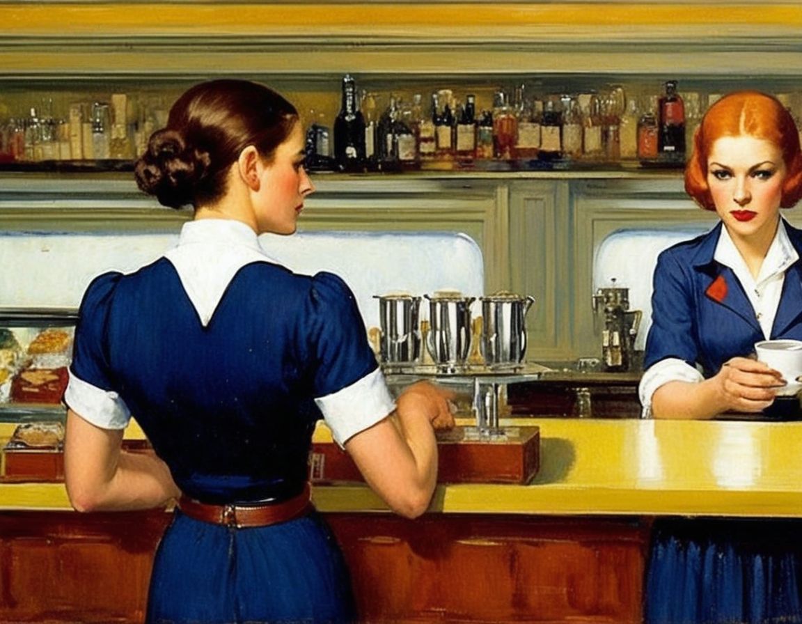 Prompt: gorgeous waitress behind the counter of a coffee shop, art by Edward Hopper, highly detailed, sharp focus, smooth, taschen