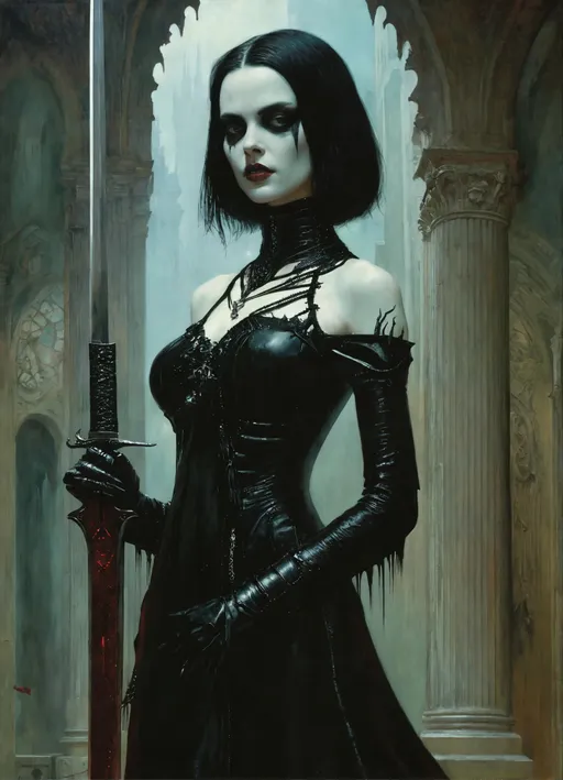 Prompt: by h. r. giger and greg rutkowski, gothic black metal music dancer, spacegirl, wicked grin, ray-traced environment, by Tom Bagshaw, a painting of a woman holding a sword, handsome male vampire, taschen, TIFF