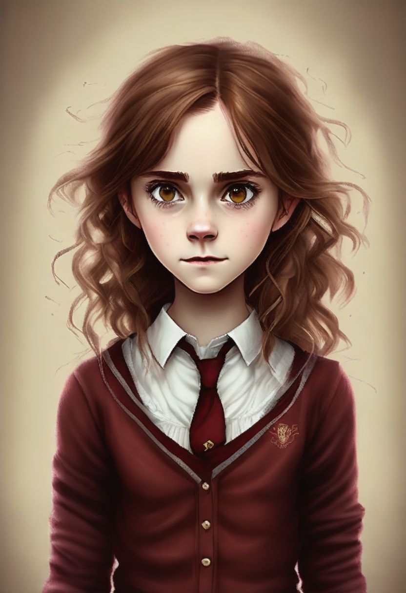 Prompt: best quality, Emma Watson as Hermione Granger with long hair, long dark curly hair, magic school, Hogwarts aesthetic, elegant horror artwork, single character full body, Gryffindor, young girl, detective, emotional sad painting, liberty curls, hawkins, without text, elaine