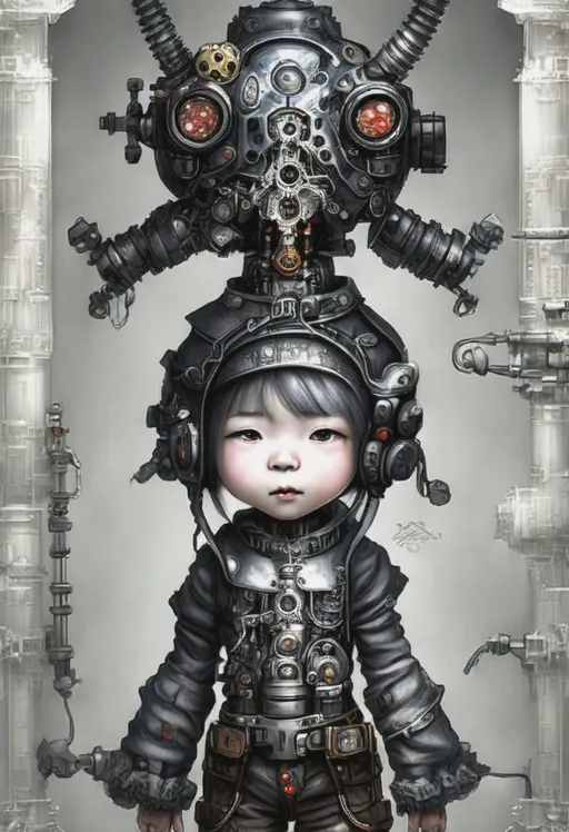 Prompt: a woman standing in front of a machine, hyperdetailed fantasy character, kid, gray anthropomorphic, best quality, cd cover artwork, ghostpunk, inspired by Makuzu Kōzan, by Dong Qichang, screws and bolts, little girl, submechanophobia