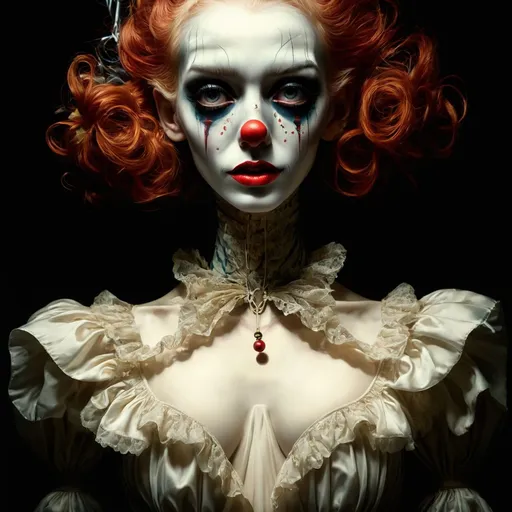 Prompt: a woman dressed as a clown hanging on strings, natalie shau, anorexic figure, consist of shadow, substance painter, evil posed, dark blurry background, art depicting control freak, patterns facing to audience, photo of the girl, corrupted, dictatorship, stylised