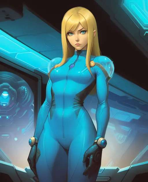 Prompt: xxinky25xx, zrpgstyle, (Samus from Metroid), showing face, blonde hair, wearing (blue jumpsuit), aboard spacecraft, detailed design, futuristic setting, sleek spaceship interiors, ambient lighting, cool tones with contrasting accents, epic sci-fi atmosphere, intense gaze, high resolution, ultra-detailed, encapsulating the essence of adventure and bravery in a space environment.