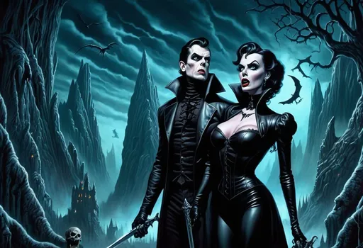 Prompt: a painting of 1950s aesthetic vampira holding a sword, with haunted eyes and dark hair, black latex sculpt, latex domme, terrified 👿, Tim Hildebrandt, person in foreground, valley of the damned background, pride and prejudice, shutterstock, TIFF