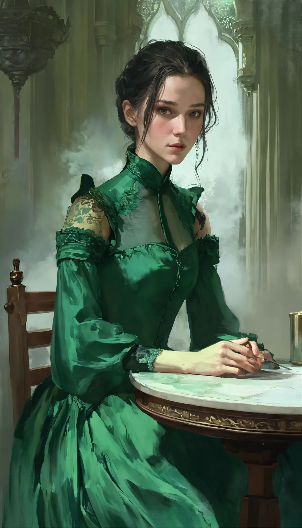 Prompt: trending Pixiv fanbox, a woman in a green dress, a painting of a woman sitting at a table, character portrait, foggy, from of thrones, HQ, a fine art painting, defined cheek bones, snout under visor, taschen, TIFF