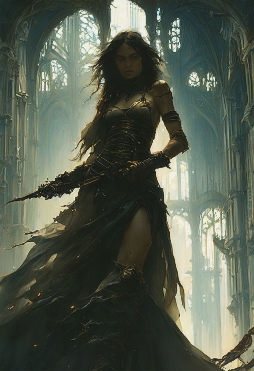 Prompt: a woman in a long dress holding a sword, cgsociety contest winner, in style of james paick, behind her a gothic cathedral, karol bak and peter mohrbacher, by emmanuel lubezki